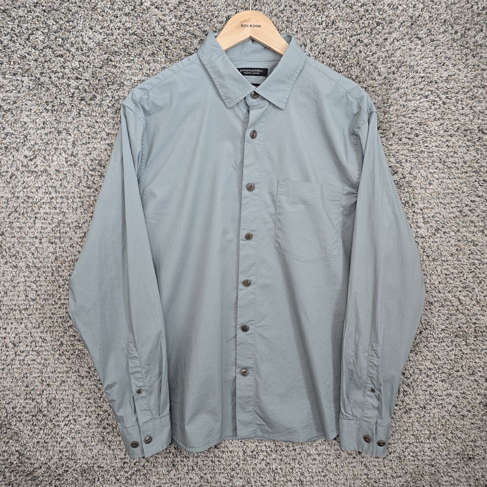 Banana Republic Shirt Mens Large Blue Gray Button Up Organic Cotton Untucked